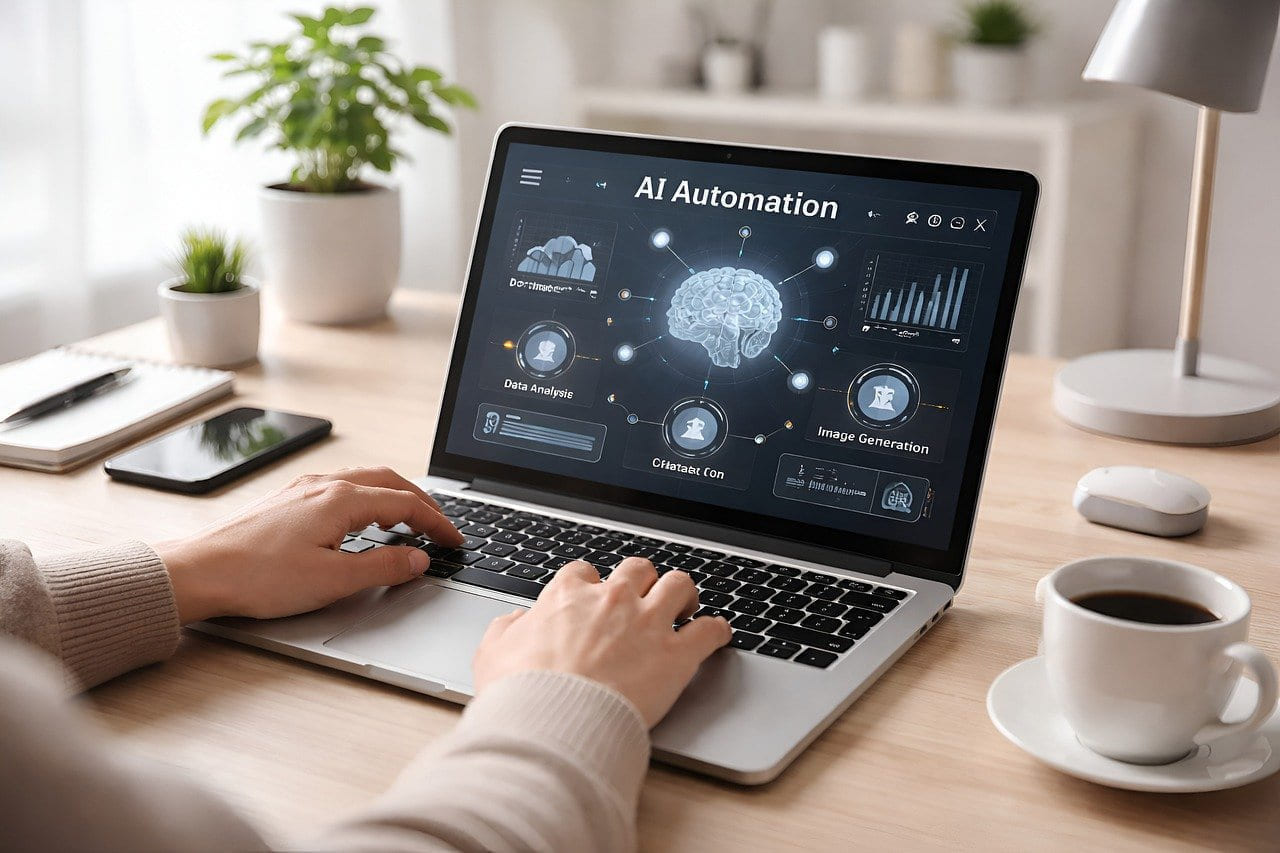 artificial intelligence, automation, machine learning, laptop, workspace, modern design, remote work, desk, productivity, digital workflow, nature, neutral tones, natural lighting, professional, home office, coffee cup, plant, creative workspace, teamwork, office plant on The Anywhere Office
