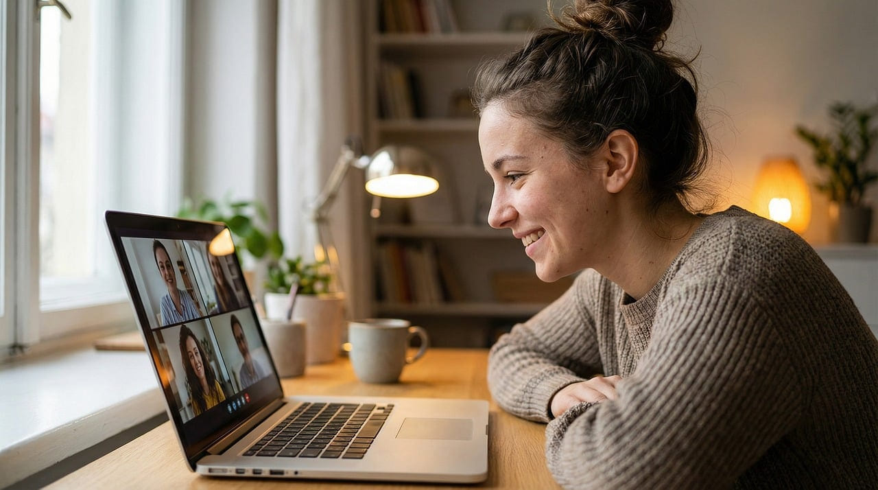 video call, remote work, online meeting, work from home, woman, laptop, virtual meeting, home office, smiling, communication, technology, happy, digital, collaboration, connection, desk, computer, internet, modern lifestyle, young adult, productivity, casual work, indoor environment, ai generated on The Anywhere Office