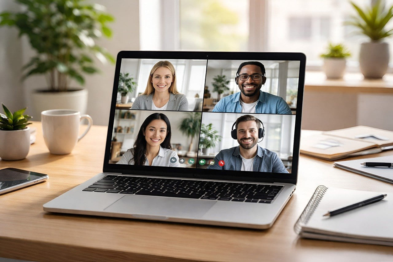 remote work, online meeting, team collaboration, video call, laptop screen, digital communication, home office, desk setup, multitasking, working remotely, communication, productivity, coworkers, technology, virtual solution, professional, corporate, desk plant, office work, video conferencing on The Anywhere Office